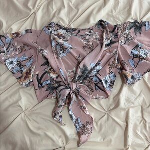 SHEIN Pink Floral Tie-Front Blouse